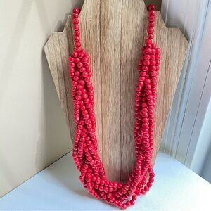 Bright red wood beads continuous multistrand necklace in braided torsade style